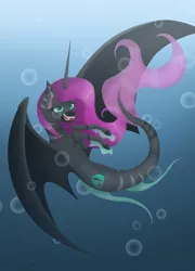 Size: 2079x2883 | Tagged: safe, artist:endilia17, derpibooru import, oc, unofficial characters only, alicorn, bat pony, hybrid, merpony, pony, seapony (g4), bat wings, bubble, crepuscular rays, dorsal fin, fangs, fins, fish tail, flowing mane, flowing tail, green eyes, horn, image, jpeg, ocean, open mouth, purple mane, seaponified, signature, smiling, solo, species swap, sunlight, swimming, tail, teeth, underwater, water, wings