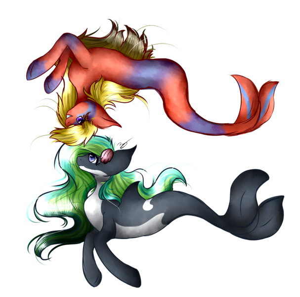 Size: 1783x1761 | Tagged: safe, artist:cosmoticlink, derpibooru import, oc, unofficial characters only, hybrid, merpony, orca, orca pony, original species, seapony (g4), blue eyes, commission, dorsal fin, eyelashes, female, fish tail, flowing mane, flowing tail, green mane, image, looking at each other, png, purple eyes, seashell, simple background, smiling, swimming, tail, teeth, transparent background, yellow mane