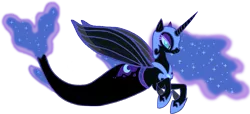Size: 1735x789 | Tagged: safe, artist:saphirabjarskular, derpibooru import, nightmare moon, alicorn, merpony, pony, blue eyes, blue mane, colored pupils, dorsal fin, ethereal mane, eyelashes, female, fin wings, fins, fish tail, flowing mane, flowing tail, helmet, hoof shoes, horn, image, png, seaponified, simple background, solo, sparkles, species swap, starry mane, tail, transparent background, wings