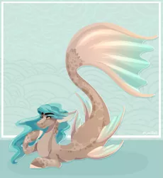 Size: 887x966 | Tagged: safe, artist:cyanreef, derpibooru import, oc, unofficial characters only, hybrid, merpony, seapony (g4), blue mane, brown eyes, dorsal fin, eyelashes, fish tail, flowing mane, flowing tail, green background, grin, image, lying down, png, simple background, smiling, solo, tail