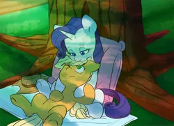 Size: 4096x2972 | Tagged: safe, artist:chub-wub, derpibooru import, applejack, rarity, earth pony, pony, unicorn, applejack's hat, blanket, cowboy hat, female, freckles, hat, image, jpeg, lesbian, looking at each other, mare, one eye closed, pillow, rarijack, shipping, tree, wink