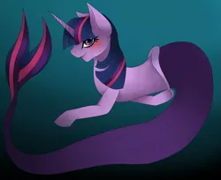 Size: 2202x1800 | Tagged: safe, artist:jadenxjessefan, derpibooru import, twilight sparkle, merpony, pony, seapony (g4), unicorn, blue background, blushing, female, fish tail, flowing tail, horn, image, jpeg, mermaid tail, ocean, purple eyes, seaponified, seapony twilight, simple background, smiling, solo, species swap, swimming, tail, underwater, water