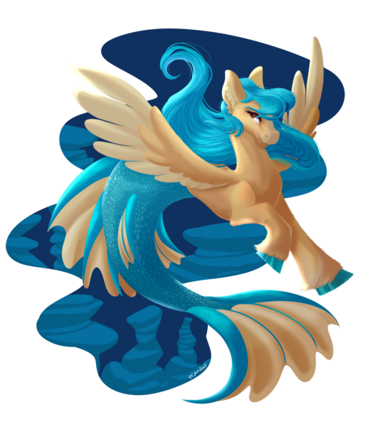 Size: 1280x1445 | Tagged: safe, artist:cyanreef, derpibooru import, oc, unofficial characters only, merpony, blue mane, brown eyes, dorsal fin, eyelashes, feather, fish tail, flowing mane, flowing tail, image, looking at you, mermaid tail, ocean, png, signature, simple background, smiling, solo, spread wings, swimming, tail, underwater, water, wings