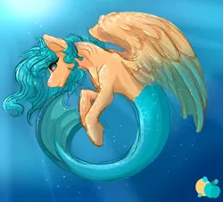 Size: 2533x2301 | Tagged: safe, artist:cyanreef, derpibooru import, oc, unofficial characters only, merpony, blue eyes, blue mane, dorsal fin, eyelashes, feather, fish tail, flowing mane, flowing tail, image, looking at you, mermaid tail, ocean, png, signature, simple background, smiling, solo, spread wings, swimming, tail, underwater, water, wings