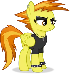 Size: 4070x4305 | Tagged: safe, artist:anime-equestria, derpibooru import, spitfire, pegasus, pony, alternate hairstyle, annoyed, bracelet, clothes, ear piercing, eyebrow piercing, eyeshadow, female, image, jewelry, makeup, mare, necklace, piercing, png, punk, simple background, solo, spiked wristband, transparent background, vector, wings, wristband