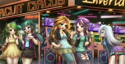 Size: 4246x2186 | Tagged: safe, artist:emperpep, derpibooru import, juniper montage, starlight glimmer, sunset shimmer, trixie, wallflower blush, human, arcade, clothes, commission, dress, geode of empathy, group, humanized, ice cream cone, image, jpeg, magical geodes, open mouth, pants, skirt