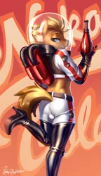 Size: 1724x3000 | Tagged: suggestive, artist:jedayskayvoker, derpibooru import, anthro, fallout equestria, boots, clothes, crossdressing, fallout, high heel boots, high heels, image, latex, looking at you, looking back, male, nuka cola, nuka girl, pinup, png, raised leg, rule 63, sexy, shiny, shoes, solo