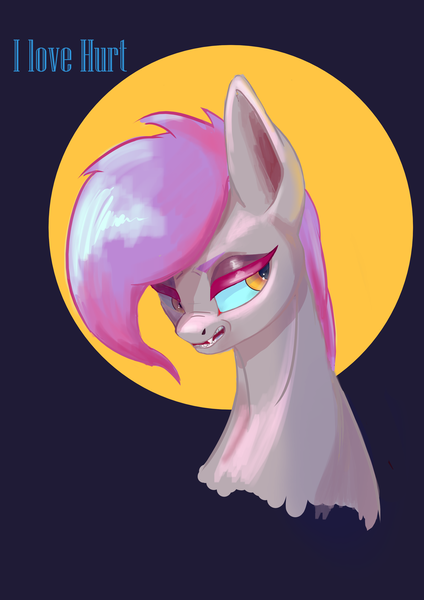 Size: 2480x3508 | Tagged: safe, artist:i love hurt, derpibooru import, oc, earth pony, pony, angry, bust, grey skin, image, pink hair, png, portrait, solo, violet hair, yellow eyes