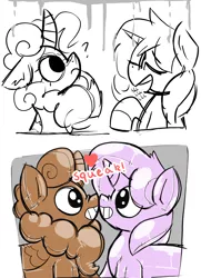 Size: 2318x3195 | Tagged: safe, artist:wallswallswalls, derpibooru import, oc, oc:stillwater, unofficial characters only, inflatable pony, kirin, original species, pony, pooltoy pony, unicorn, boop, decal, duo, ear fluff, floating heart, floppy ears, grin, heart, image, inanimate tf, inflatable, latex, male, no catchlights, no pupils, noseboop, onomatopoeia, partial color, png, pool toy, quadrupedal, question mark, raised hoof, rubber, scrunchy face, seams, simple background, sketch, smiling, stallion, talking, transformation, white background