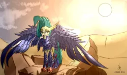 Size: 1920x1143 | Tagged: safe, artist:zidanemina, derpibooru import, princess skystar, hippogriff, my little pony: the movie, armor, blood, crossover, crying, image, jpeg, looking down, saint seiya, sketch, solo, sunset, tears of blood