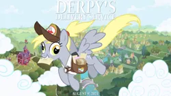 Size: 2063x1161 | Tagged: safe, artist:not-yet-a-brony, derpibooru import, derpy hooves, pegasus, flying, hayao miyazaki, image, kiki's delivery service, lyrics in the description, mailmare, movie reference, png, ponyville, studio ghibli, youtube link in the description