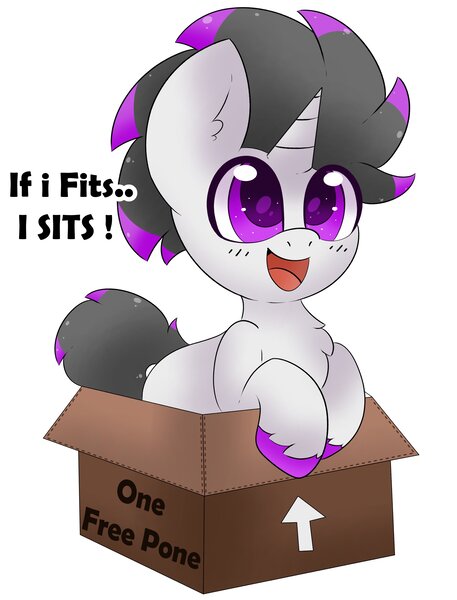 Size: 2912x3821 | Tagged: safe, alternate version, artist:pegamutt, derpibooru import, oc, oc:haze rad, unofficial characters only, pony, unicorn, alternate character, box, chest fluff, commission, commissioner:biohazard, cute, high res, highlights, horn, if i fits i sits, image, jpeg, male, ocbetes, open mouth, open smile, pony in a box, simple background, smiling, solo, stallion, unicorn oc, white background, ych result