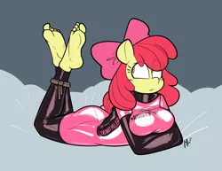 Size: 3300x2550 | Tagged: safe, artist:belaboy, derpibooru import, apple bloom, anthro, earth pony, pony, apple bloom's bow, barcode, barefoot, blushing, bondage, bow, breasts, clothes, eye clipping through hair, eyebrows, eyebrows visible through hair, feet, female, fetish, foot fetish, hair bow, image, latex, latex suit, looking back, lying, lying down, mare, nervous, no catchlights, no pupils, png, prone, rope, rope bondage, shiny, signature, simple background, straitjacket, tight clothing