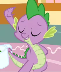 Size: 592x705 | Tagged: safe, derpibooru import, screencap, spike, dragon, just for sidekicks, cropped, eyes closed, image, measuring cup, png, pose, smiling, solo