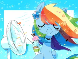 Size: 3176x2400 | Tagged: safe, artist:nendo, derpibooru import, rainbow dash, pegasus, pony, abstract background, blue eyes, cute, dashabetes, eyes closed, fan, food, ice cream, image, jewelry, necklace, paper, png, ribbon, sweat