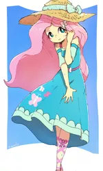 Size: 2120x3532 | Tagged: safe, artist:nendo, derpibooru import, fluttershy, human, equestria girls, blushing, breasts, busty fluttershy, butterfly hairpin, clothes, cute, daaaaaaaaaaaw, dress, female, hat, image, looking at you, png, shy, shyabetes, smiling, smiling at you, solo, sweat, sweatdrops