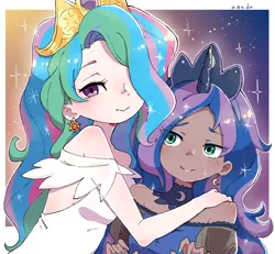 Size: 1802x1664 | Tagged: safe, artist:nendo, derpibooru import, kotobukiya, princess celestia, princess luna, human, crown, cute, cutelestia, ear piercing, earring, female, hair over one eye, horn, horned humanization, humanized, image, jewelry, kotobukiya princess celestia, kotobukiya princess luna, lunabetes, piercing, png, regalia, royal sisters, siblings, sisters