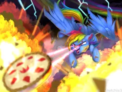 Size: 2930x2212 | Tagged: safe, artist:sketchiix3, derpibooru import, rainbow dash, pegasus, pony, secrets and pies, destruction, evil pie hater dash, explosion, eye beams, fangs, female, food, high res, image, lightning, mare, open mouth, pie, png, rainbow trail, solo