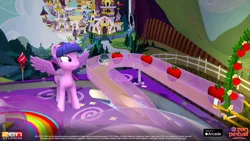 Size: 1920x1080 | Tagged: safe, derpibooru import, official, twilight sparkle, twilight sparkle (alicorn), alicorn, pony, 3d, apple, canterlot, food, g4, image, my little pony logo, my little pony pinball, pinball, png, text, video game, watermark