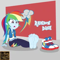 Size: 4000x4000 | Tagged: safe, artist:maze1000, artist:rottenheart10, derpibooru import, rainbow dash, equestria girls, absurd resolution, barefoot, big feet, clothes, commission, feet, female, fetish, foot fetish, foot focus, foot worship, image, jpeg, musk, no socks, open mouth, shoes, shoes removed, sneakers, socks, soles, solo, sweat, sweaty feet, thinking