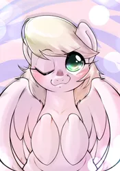 Size: 1430x2048 | Tagged: safe, artist:kurogewapony, derpibooru import, oc, oc:moff cloud, unofficial characters only, pegasus, pony, blushing, female, image, jpeg, looking at you, mare, one eye closed, smiling, solo