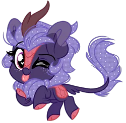 Size: 1711x1674 | Tagged: safe, artist:emberslament, derpibooru import, kirin oc, oc, oc:night glow, unofficial characters only, kirin, :p, chibi, female, freckles, happy, heart eyes, image, looking at you, one eye closed, png, request, simple background, solo, sparkly mane, tongue out, transparent background, wingding eyes, wink, winking at you