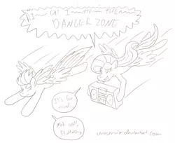 Size: 1961x1597 | Tagged: safe, artist:unoservix, derpibooru import, fluttershy, rainbow dash, pegasus, pony, 2012, boombox, danger zone, image, jpeg, kenny loggins, pencil drawing, song reference, speech bubble, traditional art