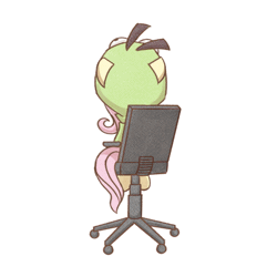 Size: 1000x1000 | Tagged: safe, artist:sugar morning, derpibooru import, fluttershy, pegasus, pony, animated, antonymph, chair, clothes, cute, fluttgirshy, gif, gir, hoodie, i have done nothing productive all day, image, invader zim, long sleeves, loop, office chair, shyabetes, simple background, smiling, solo, spinning, transparent background, vylet pony, zipper