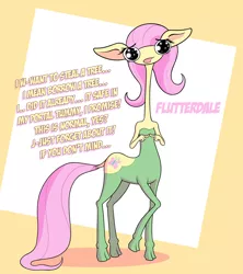 Size: 1920x2160 | Tagged: safe, artist:cocaine, derpibooru import, fluttershy, centaur, centaurworld, crossover, dialogue, female, glendale, high res, image, png, raised hoof, solo, sparkly eyes, stealing, wingding eyes