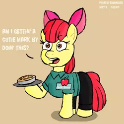 Size: 400x400 | Tagged: safe, derpibooru import, apple bloom, pony, apple, apple pie, applebee's, bow, clothes, female, food, holding, image, jpeg, name tag, pie, question, shadow, signature, simple background, talking, text