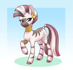 Size: 1280x1230 | Tagged: safe, artist:anvalina, derpibooru import, zecora, zebra, abstract background, bracelet, cute, ear piercing, earring, female, image, jewelry, jpeg, looking at you, mare, neck rings, piercing, quadrupedal, raised hoof, smiling, smiling at you, solo, zecorable