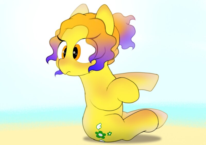 Size: 2048x1446 | Tagged: safe, artist:mochi_nation, derpibooru import, oc, oc:moth, unofficial characters only, earth pony, pony, beach, cute, female, gradient mane, image, jpeg, looking back, mare, ocbetes, sitting, solo, sunburn