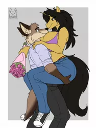 Size: 960x1280 | Tagged: suggestive, artist:thedrunkcoyote, derpibooru import, oc, oc:amber steel, oc:flynt, anthro, coyote, unicorn, ass, big breasts, breasts, butt, clothes, digital art, duo, female, flower, flymber, furry, furry oc, holiday, horn, huge breasts, image, jeans, jpeg, looking at each other, male, oc x oc, panties, pants, shipping, shirt, shoes, simple background, straight, tanktop, underwear, valentine's day