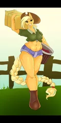Size: 1080x2160 | Tagged: safe, artist:unfinishedheckery, derpibooru import, applejack, earth pony, apple, belly button, boots, breasts, bucket, busty applejack, clothes, cowboy hat, cowgirl, cowgirl outfit, daisy dukes, digital art, female, food, hat, hay bale, image, jpeg, looking at you, shirt, shoes, shorts, smiling, smiling at you, solo, tail, thighs, wide hips