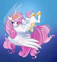 Size: 4126x4500 | Tagged: safe, artist:opalacorn, derpibooru import, princess celestia, alicorn, pony, chest fluff, dock, image, jpeg, lidded eyes, looking at you, pink-mane celestia, smiling, solo, spread wings, wings