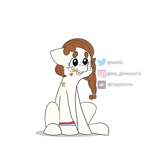 Size: 2048x2048 | Tagged: safe, artist:isisgio, derpibooru import, oc, oc:ari, pony, band, braces, dimples, heart, image, instagram, jpeg, meta, ponytail, simple background, smiley face, spanish description, stars, sticker, twitter, white background