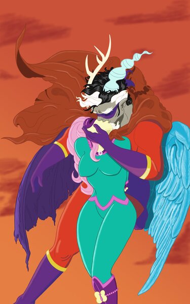 Size: 1281x2048 | Tagged: safe, artist:drsquee, derpibooru import, discord, fluttershy, saddle rager, anthro, human, boots, cape, captain goodguy, clothes, colored, discoshy, eyes closed, female, flower, image, jpeg, kissing, male, mask, power ponies, shipping, shoes, story included, straight, sunset, superhero, superhero costume