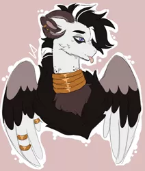Size: 1280x1512 | Tagged: safe, artist:void-sommar, derpibooru import, oc, unnamed oc, hybrid, bust, image, interspecies offspring, jpeg, male, neck rings, offspring, parent:discord, parent:zecora, parents:zecord, tongue out, wings