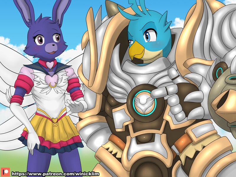 Size: 1280x960 | Tagged: safe, artist:winick-lim, derpibooru import, gallus, oc, anthro, gryphon, rabbit, animal, armor, beak, blushing, clothes, commission, crossdressing, digital art, dress, duo, duo male, furry, furry oc, image, jpeg, looking at each other, male, open mouth, skirt, warhammer 40k, warhammer (game)