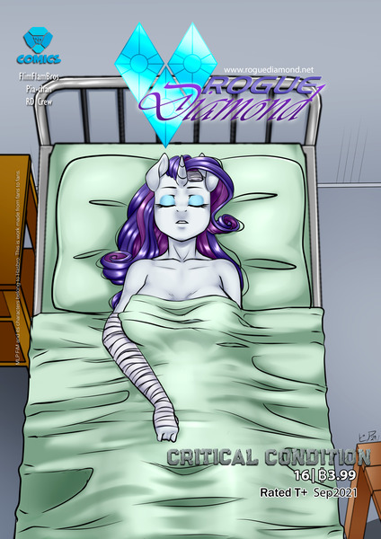 Size: 2048x2896 | Tagged: suggestive, artist:pia-sama, derpibooru import, rarity, anthro, unicorn, comic:rogue diamond, bandage, bed, breasts, busty rarity, cleavage, clover, coma, comatose, eyes closed, female, hospital bed, image, jpeg, unconscious