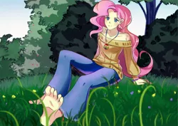 Size: 2200x1556 | Tagged: safe, artist:xmonstergirlshideout, derpibooru import, fluttershy, human, barefoot, feet, female, hippieshy, humanized, image, jewelry, jpeg, necklace, peace symbol, sitting, smiling, solo