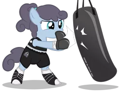 Size: 4780x3680 | Tagged: safe, artist:strategypony, derpibooru import, oc, oc:polly poppyseed, unofficial characters only, earth pony, pony, bipedal, boxing, boxing gloves, boxing shoes, boxing shorts, clothes, earth pony oc, female, filly, image, midriff, png, practice, punch, punching bag, shoes, shorts, simple background, sports, sports shoes, sports shorts, text, transparent background
