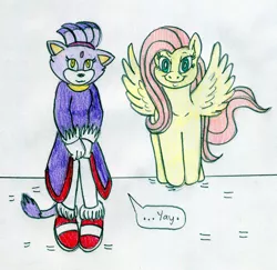 Size: 1280x1242 | Tagged: safe, artist:jose-ramiro, derpibooru import, fluttershy, anthro, pegasus, pony, blaze the cat, image, jpeg, looking at you, personality swap, sonic the hedgehog (series), spread wings, traditional art, wings, yay