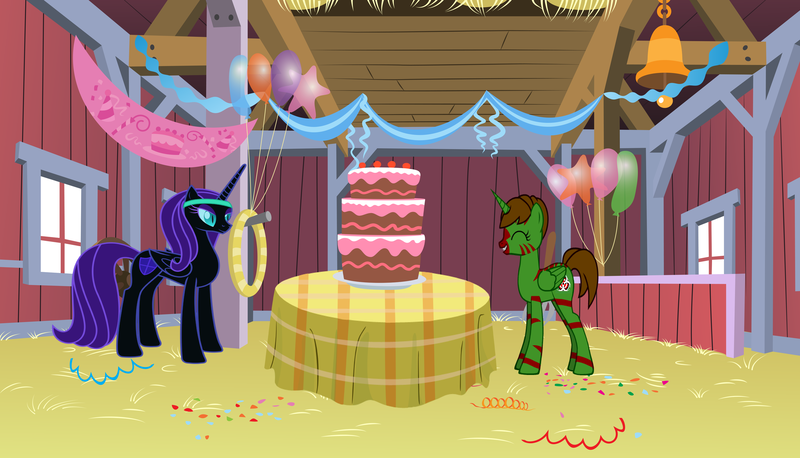 Size: 3237x1853 | Tagged: safe, artist:90sigma, artist:elfmoon3, artist:generalzoi, derpibooru import, oc, oc:nyx, unofficial characters only, alicorn, pony, party of one, the last roundup, alicorn oc, barn, birthday, birthday cake, cake, duo, food, horn, image, png, wings