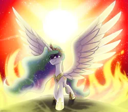 Size: 5600x4900 | Tagged: safe, artist:opal_radiance, derpibooru import, princess celestia, alicorn, pony, absurd resolution, female, fire, image, implied daybreaker, mare, png, solo, spread wings, sun, wings