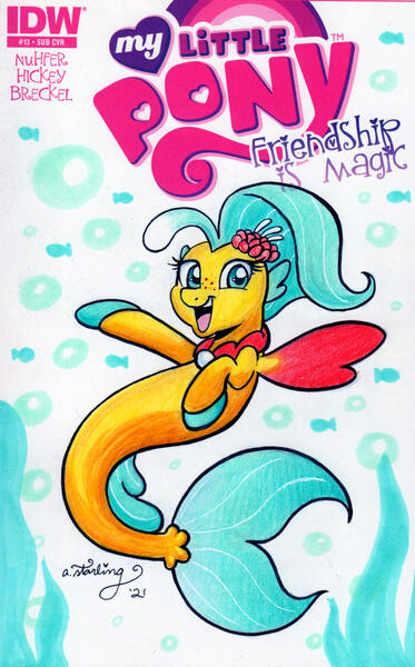 Size: 1280x2059 | Tagged: safe, artist:zadokengel, derpibooru import, princess skystar, seapony (g4), my little pony: the movie, blue eyes, blue mane, bubble, commission, dorsal fin, female, fins, fish tail, flower, flower in hair, flowing tail, freckles, image, jewelry, jpeg, looking at you, necklace, open mouth, pearl necklace, signature, smiling, solo, tail, teeth, underwater, water