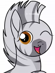 Size: 768x1024 | Tagged: safe, artist:windy breeze, derpibooru import, oc, oc:fadhila, unofficial characters only, zebra, cute, female, filly, happy, image, jpeg, looking at you, ocbetes, one eye closed, solo, wink, winking at you