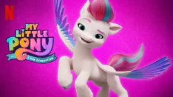 Size: 665x374 | Tagged: safe, derpibooru import, official, zipp storm, pegasus, pony, my little pony: a new generation, abstract background, female, g5, image, jpeg, looking at you, mare, my little pony: a new generation logo, netflix, netflix logo, smiling, smiling at you, solo, spread wings, unshorn fetlocks, wings