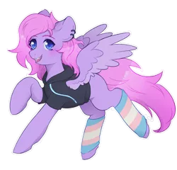 Size: 1163x1118 | Tagged: safe, alternate version, artist:rednineuwu, derpibooru import, oc, oc:huggles, unofficial characters only, pegasus, pony, castrate, clothes, hoodie, image, png, pride flag, simple background, socks, solo, tranny, trans pride flag, trans socks, transparent background