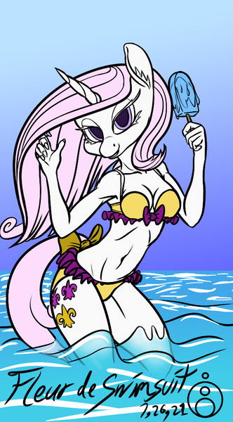 Size: 585x1058 | Tagged: safe, artist:sepiakeys, derpibooru import, fleur-de-lis, anthro, bikini, clothes, food, image, png, popsicle, solo, swimsuit, water